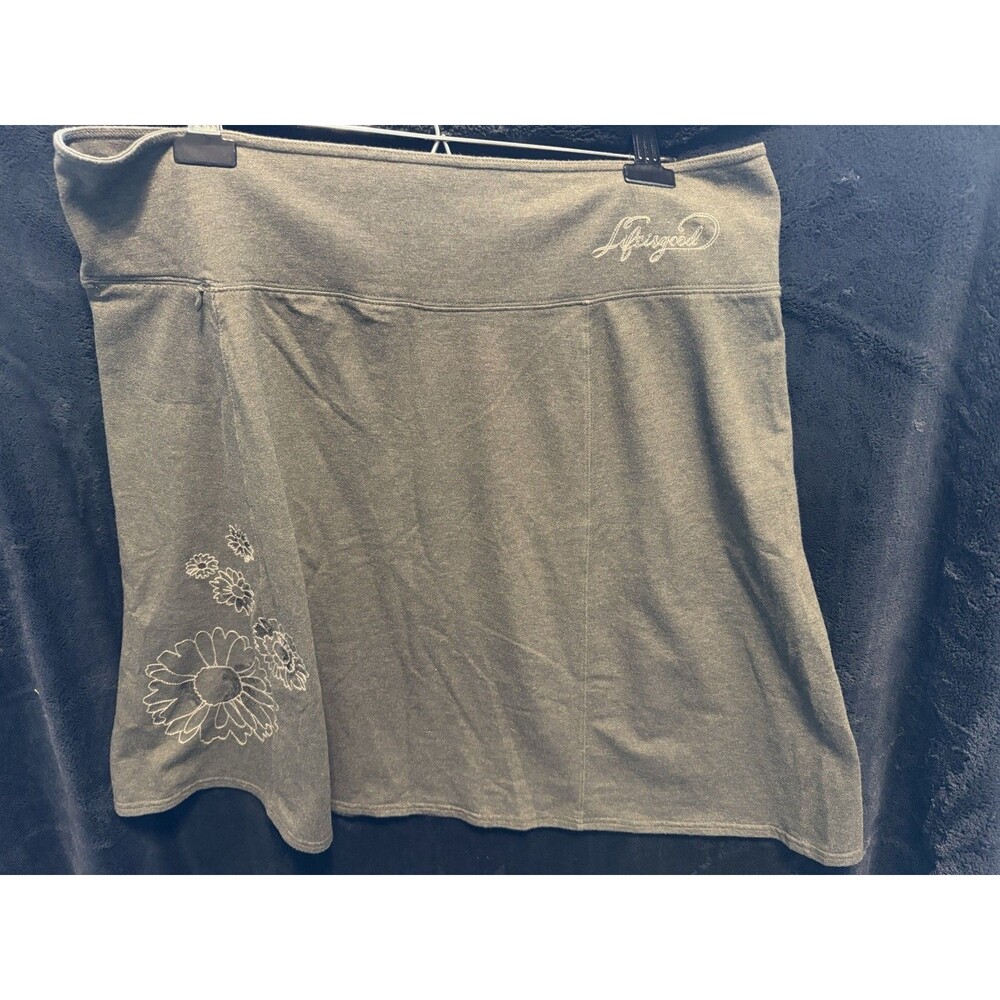 Life Is Good Women's XL Gray Floral Embroidered Knee Pull On Skirt Cotton Blend